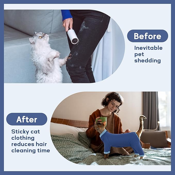 PUMYPOREITY Cat Hair Sticky Sweater, Recovery Suit - Breathable &amp; Lightweight for Post-Surgery Protection, Cat Onsie Prevents Licking Wounds, Blue, 2XL