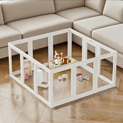 Clear Acrylic Dog Playpen Transparent Dog Playpens Indoor, Small Pet Play Pen for Small Dogs, Puppies, Cats &amp; Rabbits, Assemble &amp; Disassemble, with Door &amp; Suction Cups (23.6" H, 12PCS),White