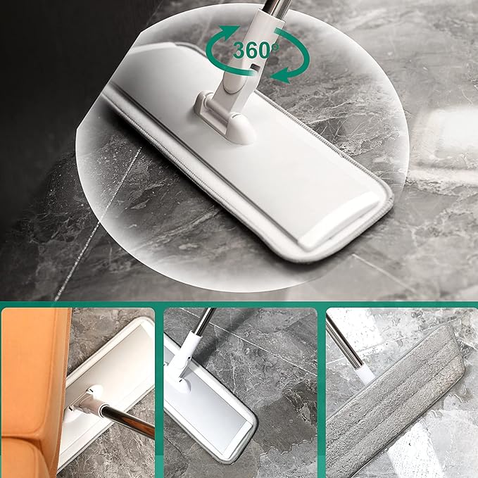 18" Professional Microfiber Mop Floor Cleaning System, Flat Mops with Stainless Steel Handle, 4 Reusable Washable Mop Pads, Wet and Dust Mopping for Hardwood, Vinyl, Laminate (White&amp;Grey)