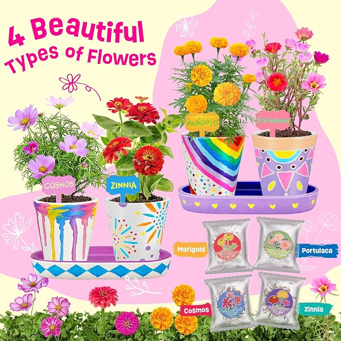 4 Set Paint &amp; Plant Flower Gardening Kit - Gifts for Girls Ages 8-12, Arts and Crafts for Kids Ages 8-12, Kids Gardening Set, Birthday Toys Gifts for Girls Boys Ages 6 7 8 9 10 11 12