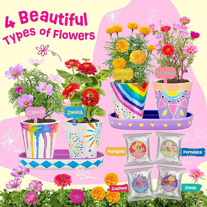 4 Set Paint &amp; Plant Flower Gardening Kit - Gifts for Girls Ages 8-12, Arts and Crafts for Kids Ages 8-12, Kids Gardening Set, Birthday Toys Gifts for Girls Boys Ages 6 7 8 9 10 11 12
