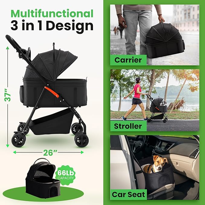 Pet Stroller 3 in 1 Foldable Dog Stroller, Cat Strollers, Foldable pet Strollers &amp; Cat Carrier, Pet Carrier, Lightweight with Cup Holder, Waterproof Max Load 66 lbs, Breathable Mesh Canopy
