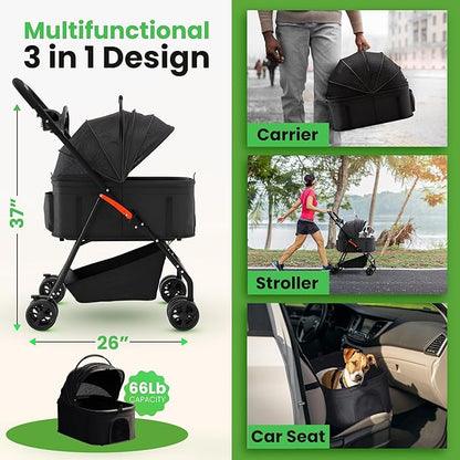 Pet Stroller 3 in 1 Foldable Dog Stroller, Cat Strollers, Foldable pet Strollers &amp; Cat Carrier, Pet Carrier, Lightweight with Cup Holder, Waterproof Max Load 66 lbs, Breathable Mesh Canopy