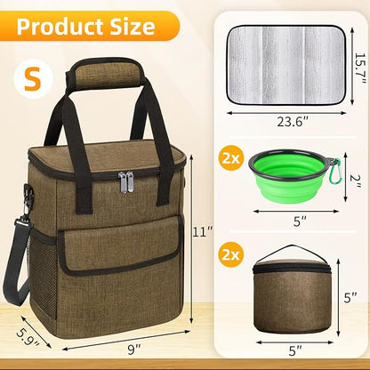 Dog Travel Bag for Camping - Pet Travel Accessories with 2 Collapsible Bowls, 2 Food Containers &amp; Waterproof Feeding Mat - Portable Dog Carrier, Coffee (Small)