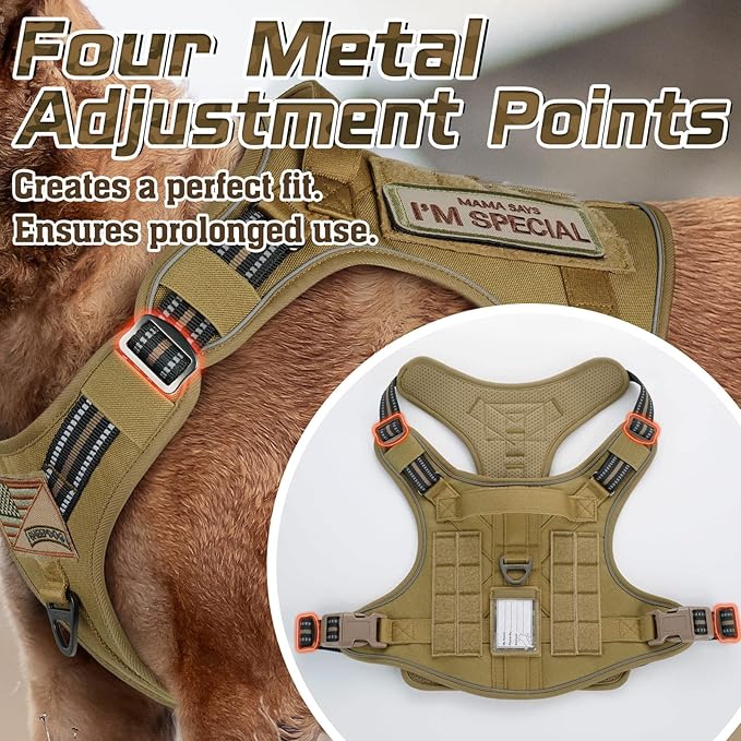 rabbitgoo Tactical Dog Harness for Large Dogs, No Pull Military Service Vest with Handle &amp; Molle, Easy Control for Training Walking, Adjustable Reflective Straps, Brown, XL