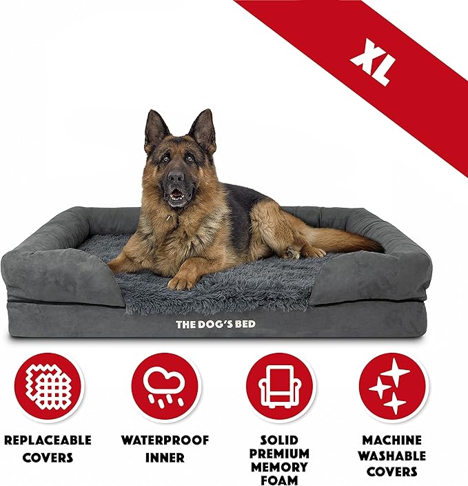The Dog’s Bed, XL Grey Fur 43.5x34,Memory Foam, Pain Relief: Arthritis, Hip &amp; Elbow Dysplasia, Post Surgery, Lameness, Supportive, Calming, Waterproof Washable Cover, Veterinary Approved
