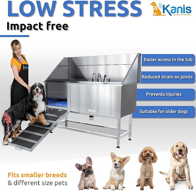 KANIS Professional Dog Washing Station - 304 Stainless Steel Pet Wash Sink &amp; Grooming Bath Tub for Home with Ramp, Shower, Floor Grate, Storage Shelf, Faucet, Drain Kit for Large, Medium &amp; Small Pets