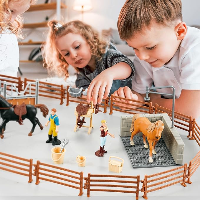 Peagrav Horse Stable Playset with Rider, Wash Area, Fence &amp; Animal Figures - Gifts for Girls &amp; Boys Aged 3-8