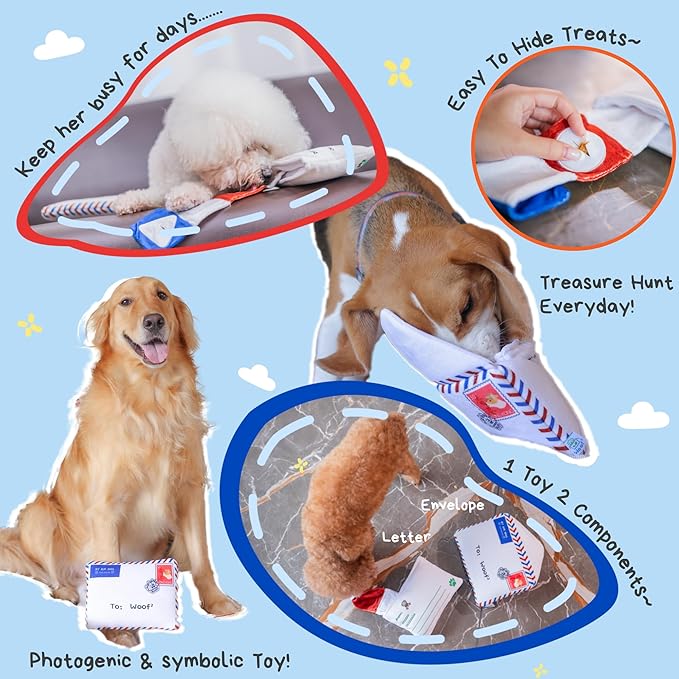 Hong Kong Airmail Soft Plush Nose-Work Squeaky Dog Toy - Durable &amp; Cute 2-in-1 Envelope &amp; Letter for Interactive Play, Extendable Cloth to Hide Food for Puzzle Fun, Small Medium Dogs