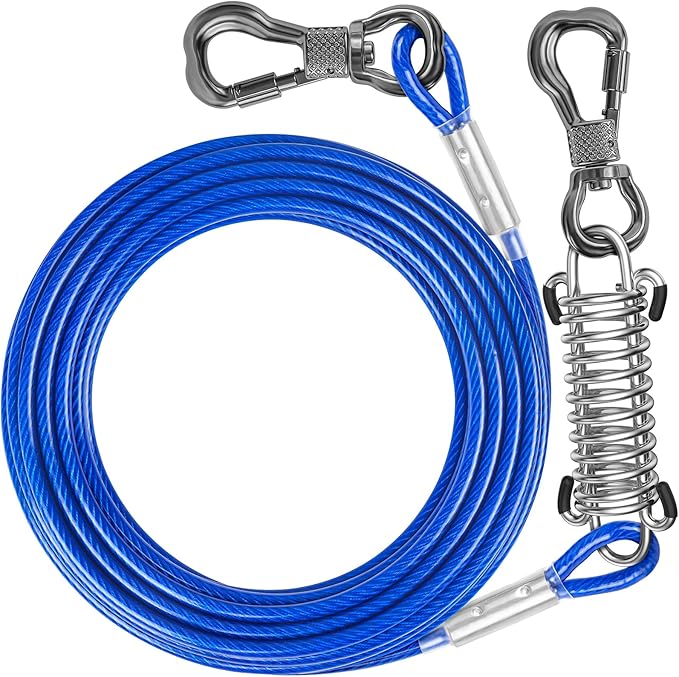 Tresbro 30 FT Dog Tie Out Cable with Spring, Shock Absorbing Tether Chains for Outside Aavilable in 10/15/20/25/30/40/50/70/100/120 FT, Heavy Duty Leads for Yard for Medium &amp; Large Dogs Up to 500 LBS