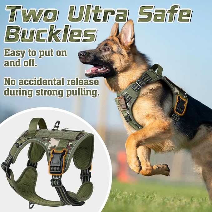 rabbitgoo Tactical Dog Harness for Large Dogs, No Pull Military Service Vest with Handle &amp; Molle, Easy Control for Training Walking, Adjustable Reflective Straps, Green camo, XL