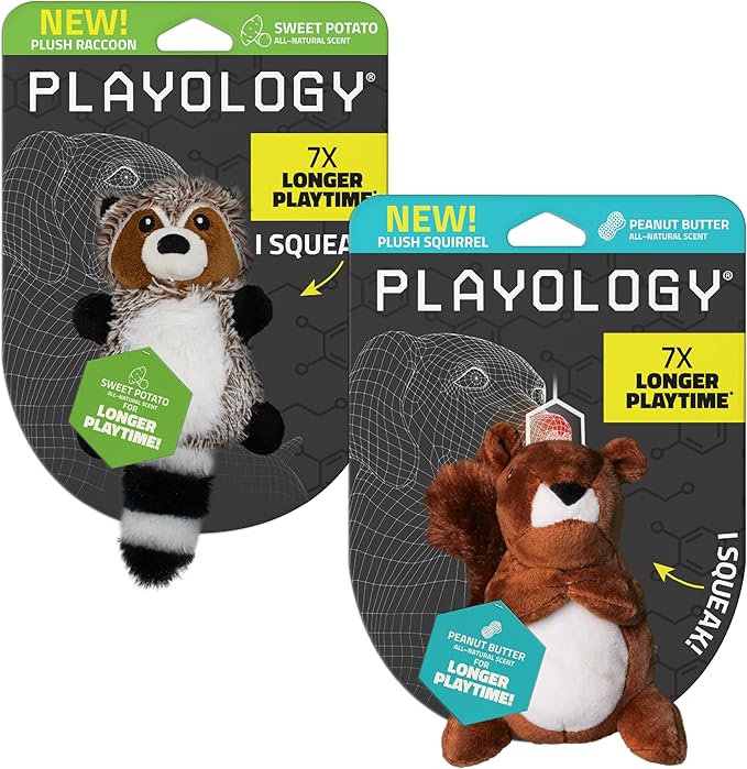 Playology Dog Toys | Plush Toy Raccoon &amp; Squirrel (Value 2-Pack) Stuffed Animal for Dogs | Small Peanut Butter/Sweet Potato Scented Toys - Easy to Clean and Made from Non Toxic Materials