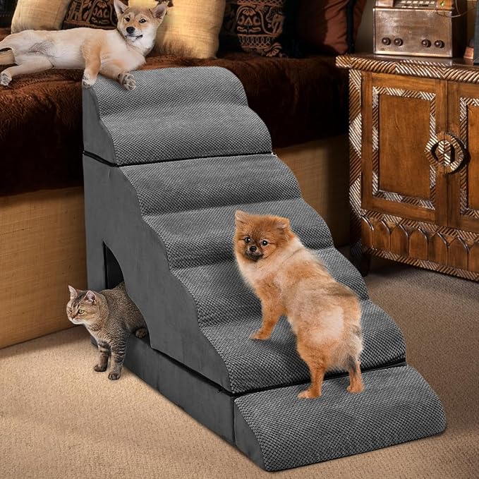 Foam Dog Stairs &amp; Steps Ramps for High Beds 30-36 inches High Tall Large Dogs, LitaiL 7 Step Pet Stairs Steps for High Beds 30 inch Small Dogs, Non-Slip Dog Ramps for Bed