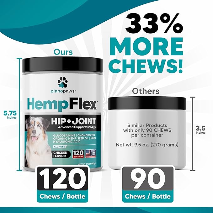 HempFlex - Glucosamine Chondroitin for Dogs - Hemp Oil for Dogs - Safe Dog Joint Supplement for All Breeds - 120 Mobility Hemp Dog Treats - Hip &amp; Joint Support for Dogs - Joint Supplement for Dogs
