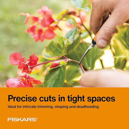 Fiskars Curved Micro-Tip Pruning Snips - 6" Garden Shears with Sheath and SoftGrip Handle - Yard and Garden Tools - Orange/Black