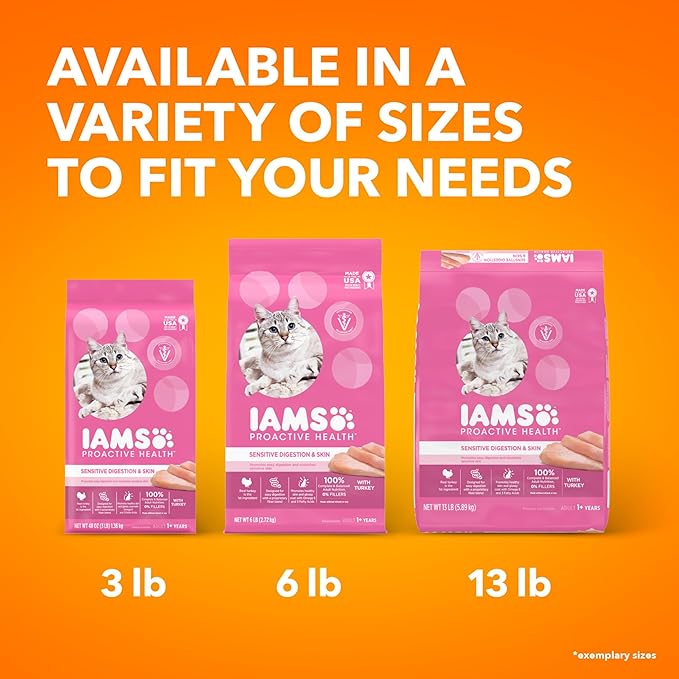 Iams IAMS PROACTIVE HEALTH Adult Sensitive Digestion &amp; Skin Dry Cat Food with Real Turkey Cat Kibble, 3 lb. Bag