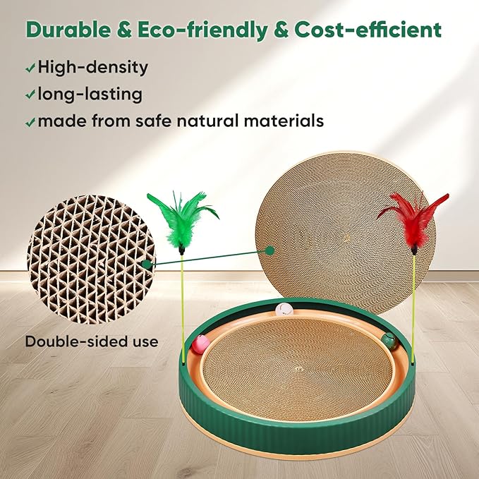 20-Inch Round Cat Scratcher with Ball Track – 3-in-1 Cardboard Scratching Pad with Feather Toy &amp; Non-Slip Base – Interactive Cat Toy for Indoor Cats, Kittens &amp; Large Cats (Green)