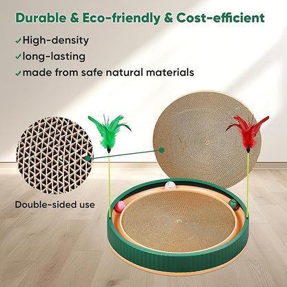 20-Inch Round Cat Scratcher with Ball Track – 3-in-1 Cardboard Scratching Pad with Feather Toy &amp; Non-Slip Base – Interactive Cat Toy for Indoor Cats, Kittens &amp; Large Cats (Green)