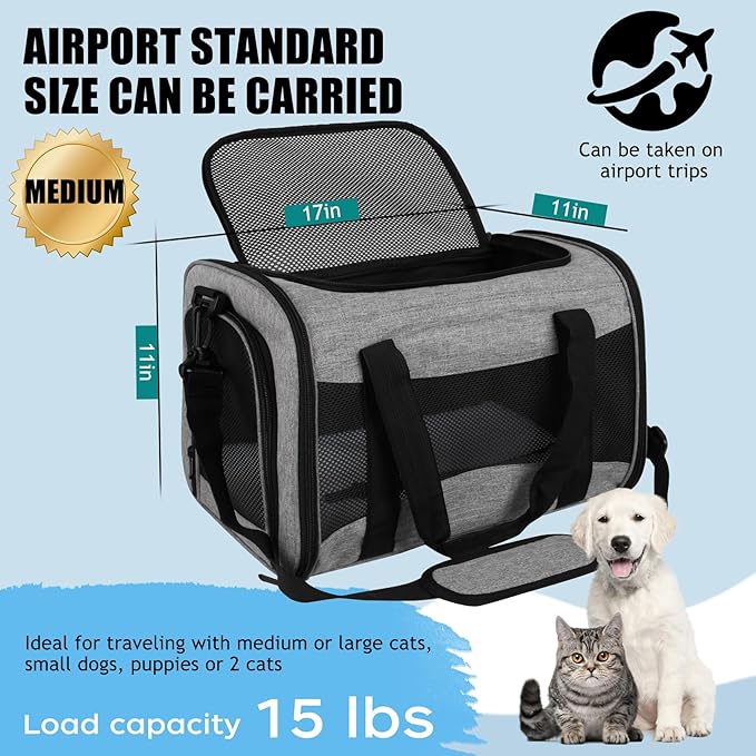 Carriers Soft-Sided Pet Carrier Case for Small Medium Cats Dogs Puppy Under 15 lbs,Airline Approved Cat Carrier with 4 Ventilated Windows (Medium,Grey&amp;Black)