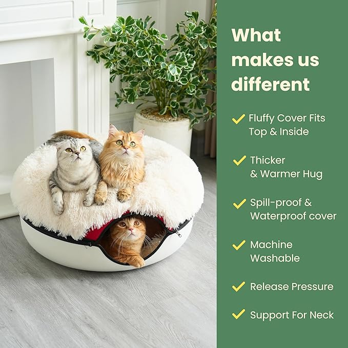 CATTASAURUS Peekaboo Cat Cave for Multiple &amp; Large Cats Up to 30-45 Lbs, Fluffy Cat Beds &amp; Furniture, Scratch Detachable &amp; Washable Tunnel Bed, Comfy Donut Bed (Ruby Snowball, Large (Calming))