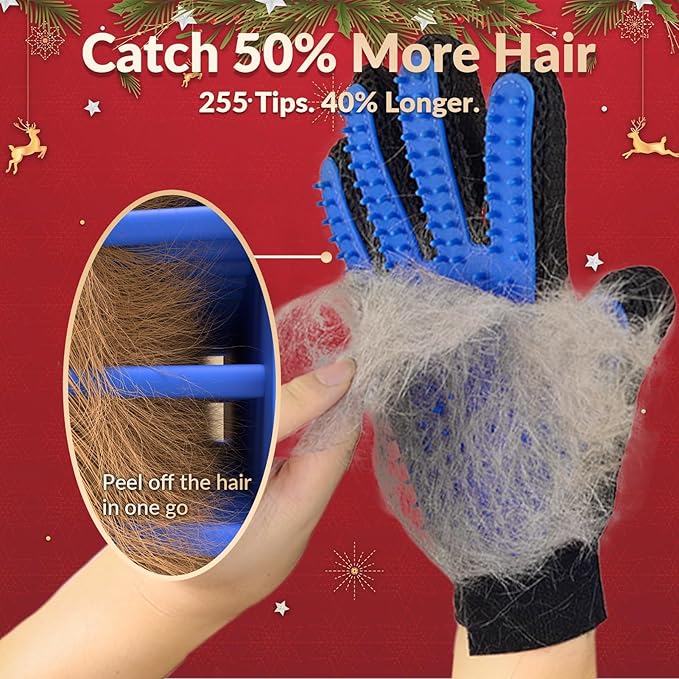 Upgrade Efficient Pet Hair Remover Gloves - Gentle Shedding Brushes for Dogs, Cats &amp; Horses with Long and Short Hair - 1 Pair (Blue)