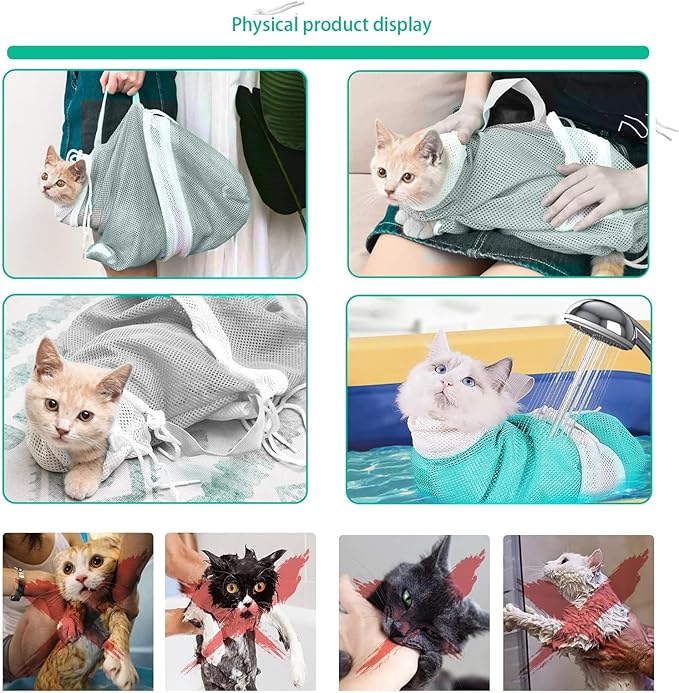 7-Piece Cat Bathing Set - Anti-Scratch Silicone Shoes, Claw Covers, Shower Net, Bathing Bag &amp; Elizabethan Collar (Grey-3)