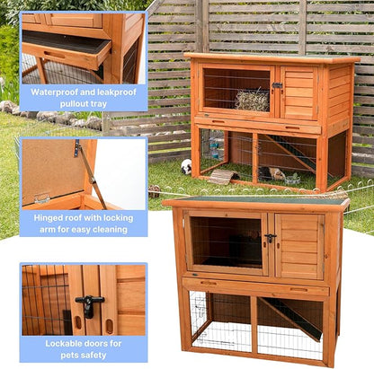 TRIXIE natura Outdoor Rabbit Hutch with Run - 2-Story Rabbit Cage with Non-Slip Ramp - Medium Elevated Small Animal House with Secure Playpen, Hinged Roof &amp; Pull-Out Tray - in Brown