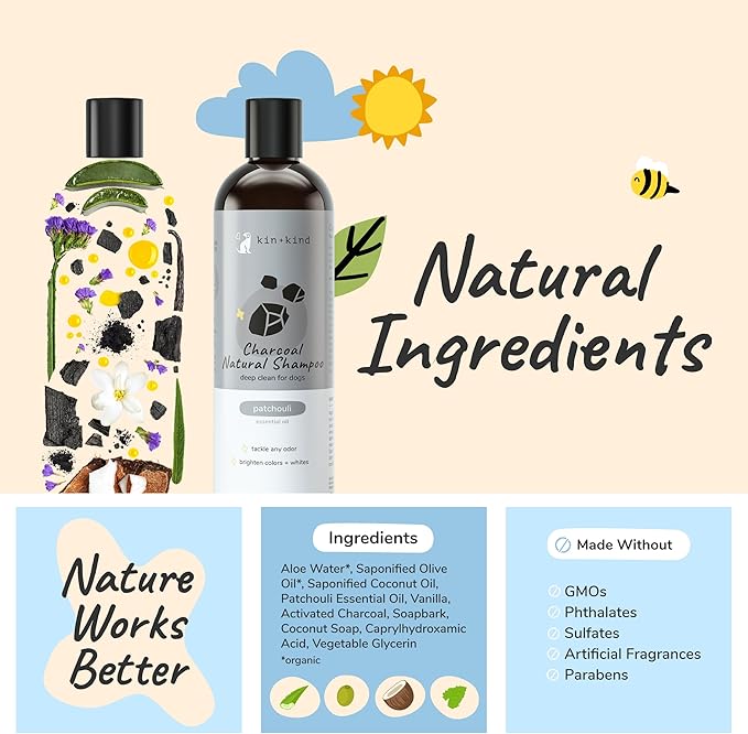 kin+kind Dog Shampoo - Deep Clean, Dirt &amp; Odor Remover w/Activated Charcoal for Dogs, Gentle Formula w/Natural Aloe, Olive Oil &amp; Coconut Oil, Pet Hair Care &amp; Grooming Products, Patchouli, 12 fl oz