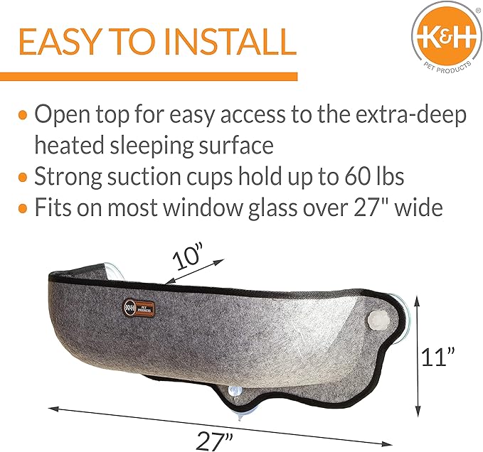 K&amp;H Pet Products EZ Mount Thermo-Kitty Window Bed Extra-Deep Gray 27 X 10 X 11 Inches