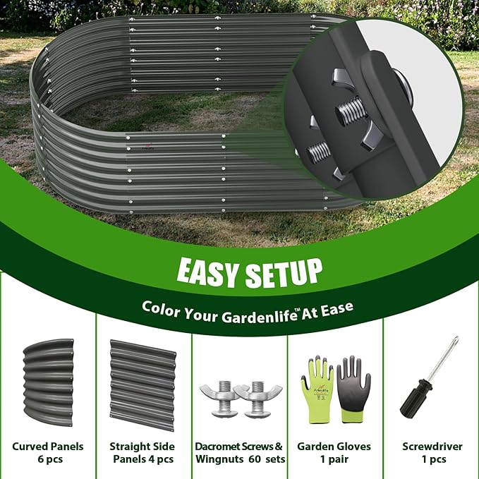 A ANLEOLIFE 8X4X2 ft Galvanized Raised Garden Beds Outdoor, Oval Large Metal Deep Root Planter Box for Planting Vegetables Flowers Herb, Anti-Rust &amp; Easy-Setup, Quartz Grey