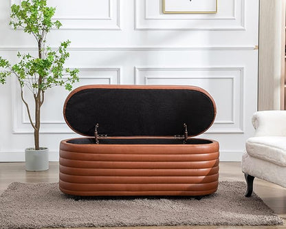 Storage Ottoman Bench Upholstered PU Leather End of Bed Stool with Safety Hinge for Bedroom, Living Room, Entryway (44.5-inch, Brown), TN2436
