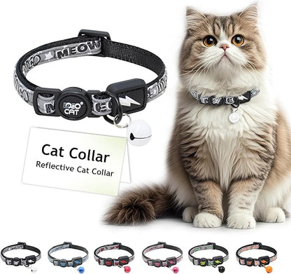 DOCO Cat Collar (Neck Girth - 3/8" x 7.5-12", Weight Upto - 13lb) Reflective Cat Collar with Bell, Breakaway Safety Buckle, Adjustable Nylon Strap for Kittens &amp; Adult Cats (Black)
