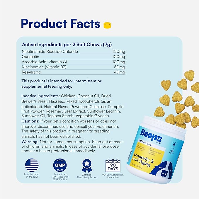 NAD+ Precursor &amp; Senior Dog Supplement - 90 Soft Chews &amp; Vitamins - NMN Alternative for Longevity, Anti-Aging &amp; Energy - Nicotinamide Riboside, Resveratrol, Quercetin, Made with Pasture-Raised Chicken