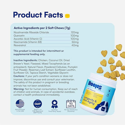 NAD+ Precursor &amp; Senior Dog Supplement - 90 Soft Chews &amp; Vitamins - NMN Alternative for Longevity, Anti-Aging &amp; Energy - Nicotinamide Riboside, Resveratrol, Quercetin, Made with Pasture-Raised Chicken