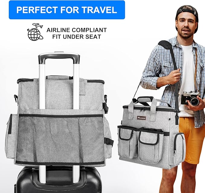 Airline Approved Dog Travel Bag with 2 Dog Treat Training Pouches, Tote Organizer for Weekend Pet Travel Supplies &amp; Accessories, 2 Collapsible Bowls, 2 Food Container (Grey)