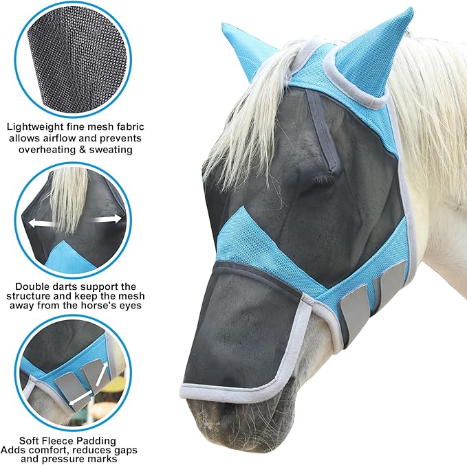 Horse Fly Mask with Ears &amp; Long Nose Cover | Forelock Opening for Tangle-Free Mane Care | UV Protection &amp; Breathable Mesh | No Rub Fit and Enhanced Visbility for Trail Riding Paleblue Full