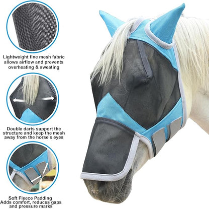 Horse Fly Mask with Ears &amp; Long Nose Cover | Forelock Opening for Tangle-Free Mane Care | UV Protection &amp; Breathable Mesh | No Rub Fit and Enhanced Visbility for Trail Riding Paleblue Full