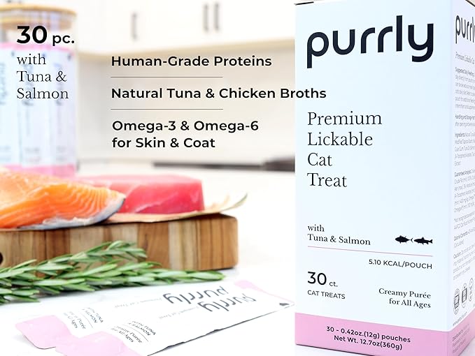 Purrly Squeezable Cat Treats Wet Healthy Interactive Hydrating Human-Grade Tuna &amp; Salmon with Omega-3 &amp; 6 for Skin &amp; Coat (30 Count) Lickable Healthy Creamy Puree
