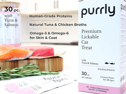 Purrly Squeezable Cat Treats Wet Healthy Interactive Hydrating Human-Grade Tuna &amp; Salmon with Omega-3 &amp; 6 for Skin &amp; Coat (30 Count) Lickable Healthy Creamy Puree