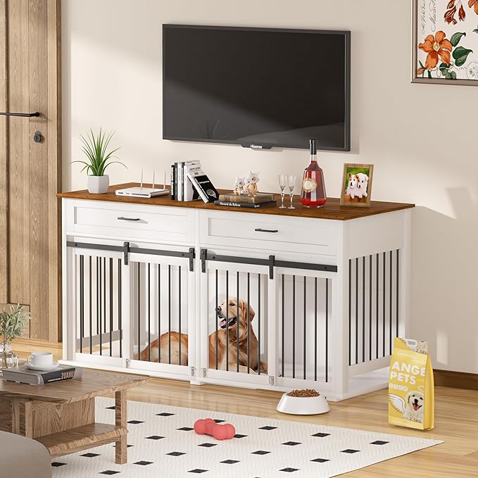MUPATER 63" L x 23.6" W x 33.3" H Double Wooden Dog Cage Table with 2 Large Drawers &amp; Safety Locks, Large Dog Crate Furniture for 2 Dogs with Removable Divider, Decorative Indoor Dog Kennel Furniture
