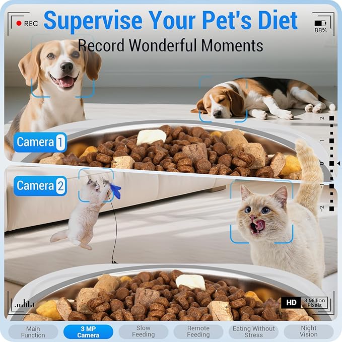 Automatic Cat Feeder with Two HD Camera for 2 Cats: 7L Automatic Dog Feeder with Night Vision &amp; Slow Feed, 5G WiFi Auto Cat Food Dispenser for Multiple Pet, Detachable for Cleaning - 29 Cup