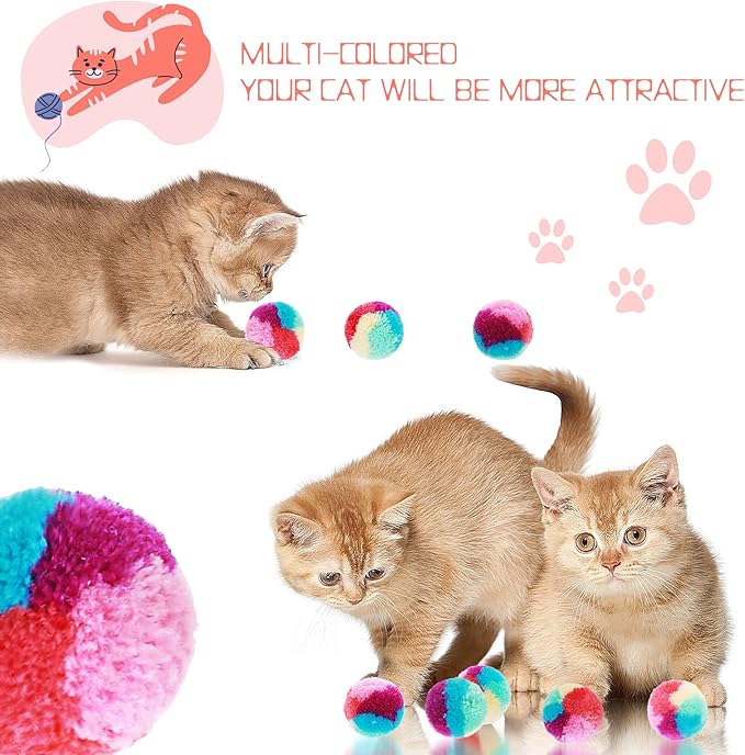Rainbow Cat Toy Kit - 20PCS Soft Pom Pom Balls for Indoor Cat Play &amp; Exercise