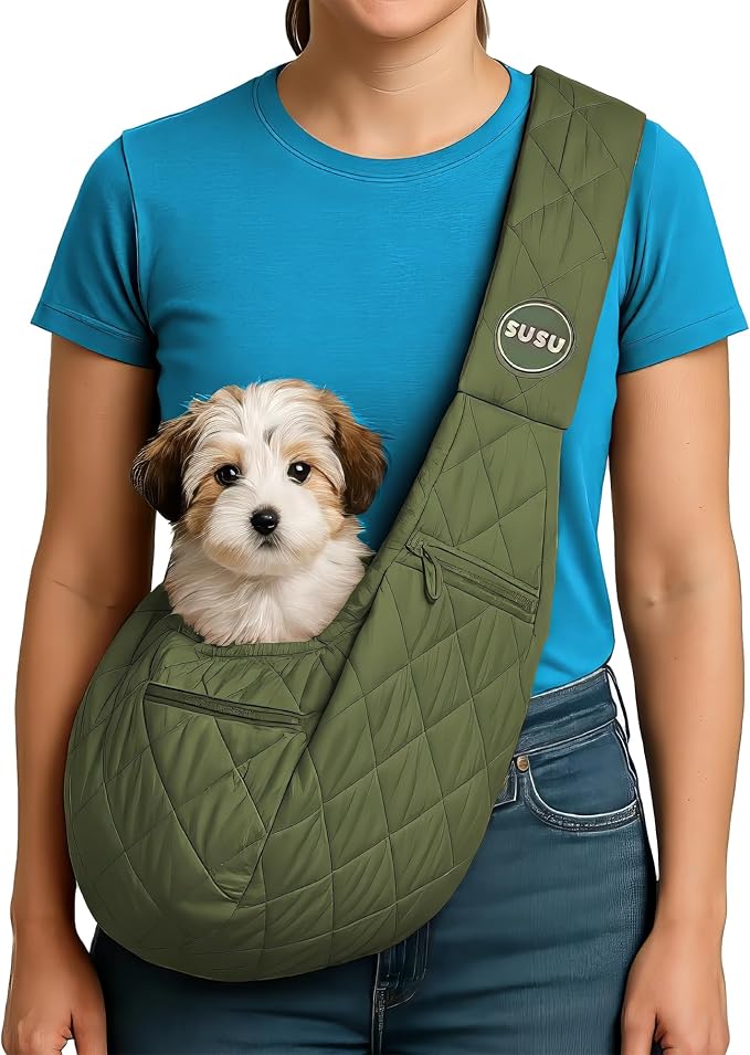 Small Dog Carrier Sling – Olive Green Hands‑Free 2‑in‑1 Sling &amp; Handheld Carrier for Dogs up to 10 lbs, Parachute‑Grade Rip‑Stop Nylon, 4″ Padded Strap, Safety Tether &amp; Pockets