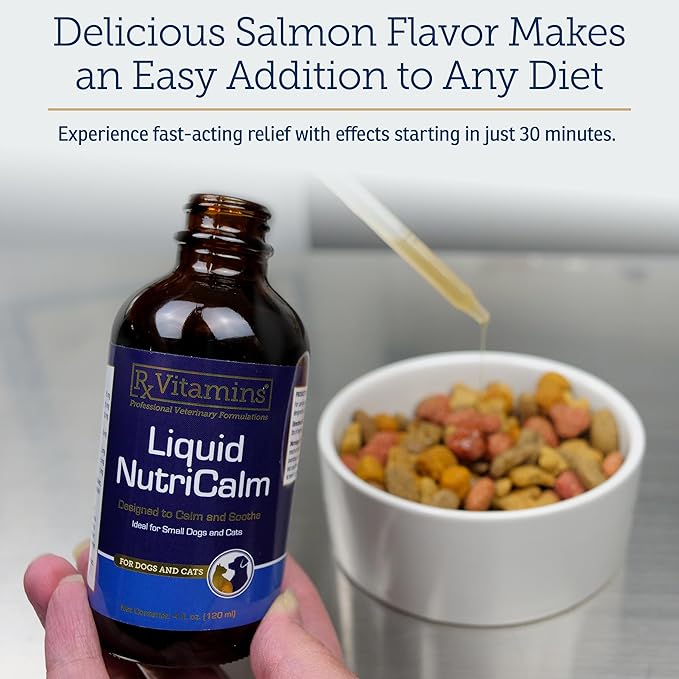 Rx Vitamins Liquid NutriCalm Cat &amp; Small Dog Anxiety Relief - Sleep Aid - Calming Supplement - Dog Bark Control &amp; Stress Relief - Salmon Flavor - 4 oz