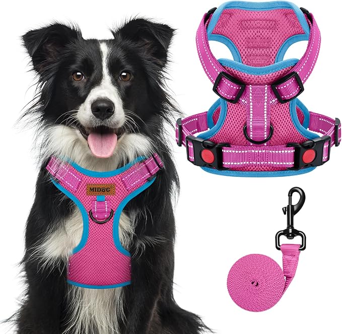 MIDOG No-Pull Dog Harness | Adjustable &amp; Reflective Pet Harness Leash Set for Small Medium Large Dogs Walking, Training| No Choke, Front Clip, Soft Padded Vest with Easy Control Handle - Pink, XL
