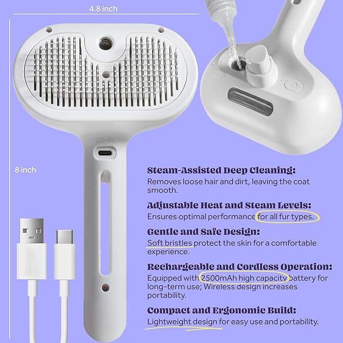 Rechargeable Silicone 3 in 1 Pet Hair Removal Tool - Self Cleaning Steamy Brush for Massage, Shedding &amp; Grooming - Cat &amp; Dog Hair Remover