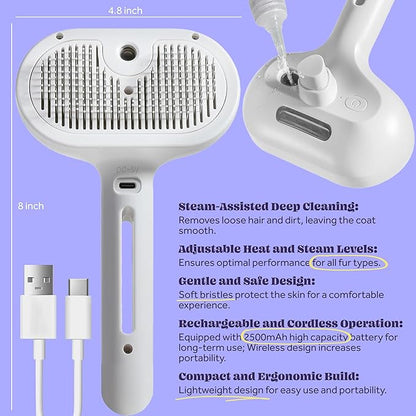Rechargeable Silicone 3 in 1 Pet Hair Removal Tool - Self Cleaning Steamy Brush for Massage, Shedding &amp; Grooming - Cat &amp; Dog Hair Remover