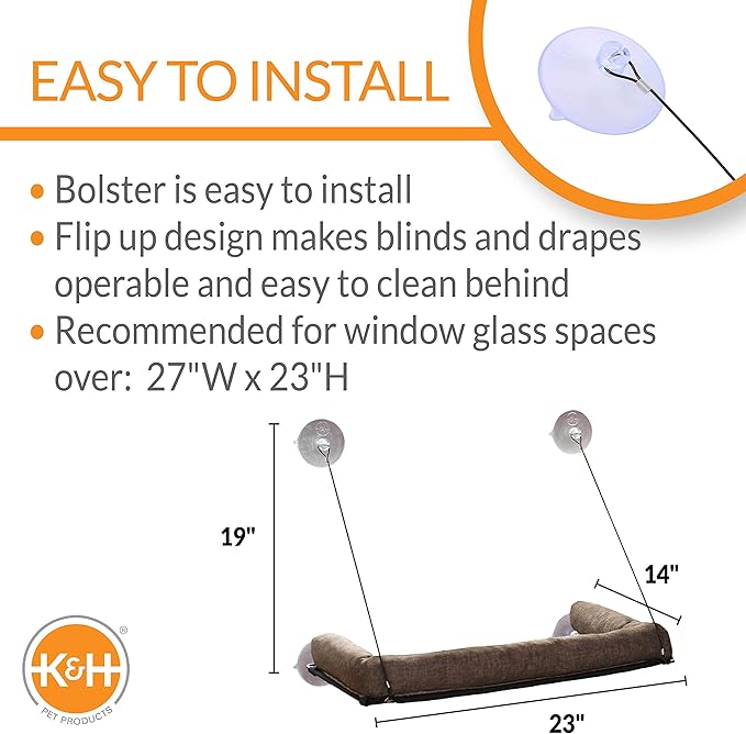 K&amp;H Pet Products EZ Mount Bolster Cat Window Perch for Large Cats, Sturdy Kitty Window Hammock Bed, Steel Frame, Sturdy Suction Cups, Washable Shelf Covers, Foldable - Fits 27"W X 23"H Glass Spaces