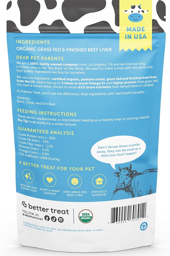 A Better Treat – Organic, Freeze Dried, Single Ingredient, 100% Grass Fed &amp; Finished, Pasture Raised Beef Liver Dog Treats, Cat Treats | Natural Healthy | High Protein, Diabetic Friendly | Made in USA