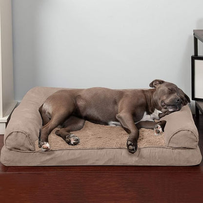 Furhaven Orthopedic Dog Bed for Large/Medium Dogs w/ Removable Bolsters &amp; Washable Cover, For Dogs Up to 55 lbs - Plush &amp; Suede Sofa - Almondine, Large
